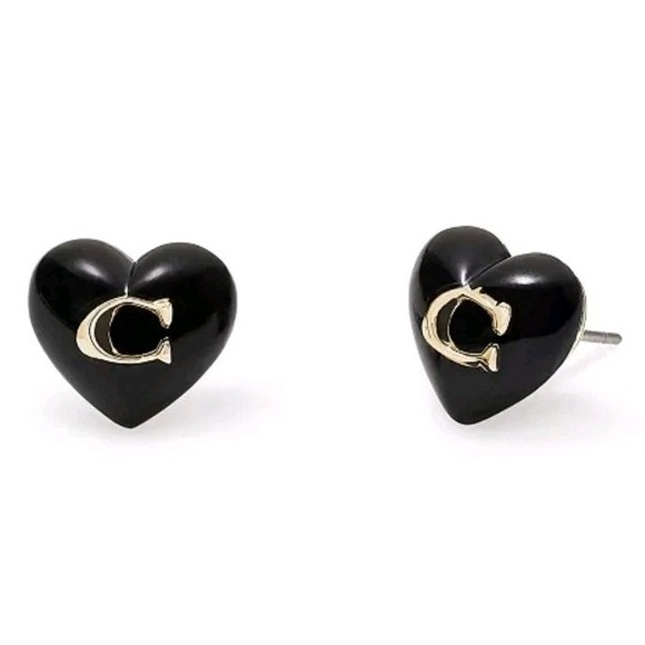 NEW COACH Women Signature C Heart Stud Earrings Black Gold - Picture 1 of 5
